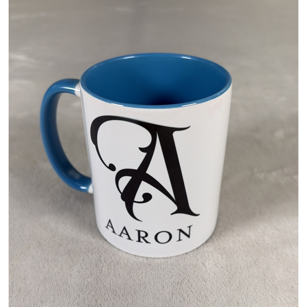 Personalized "A" Aaron Coffee Mug Ceramic Cup 11oz Blue Interior Blk Letters